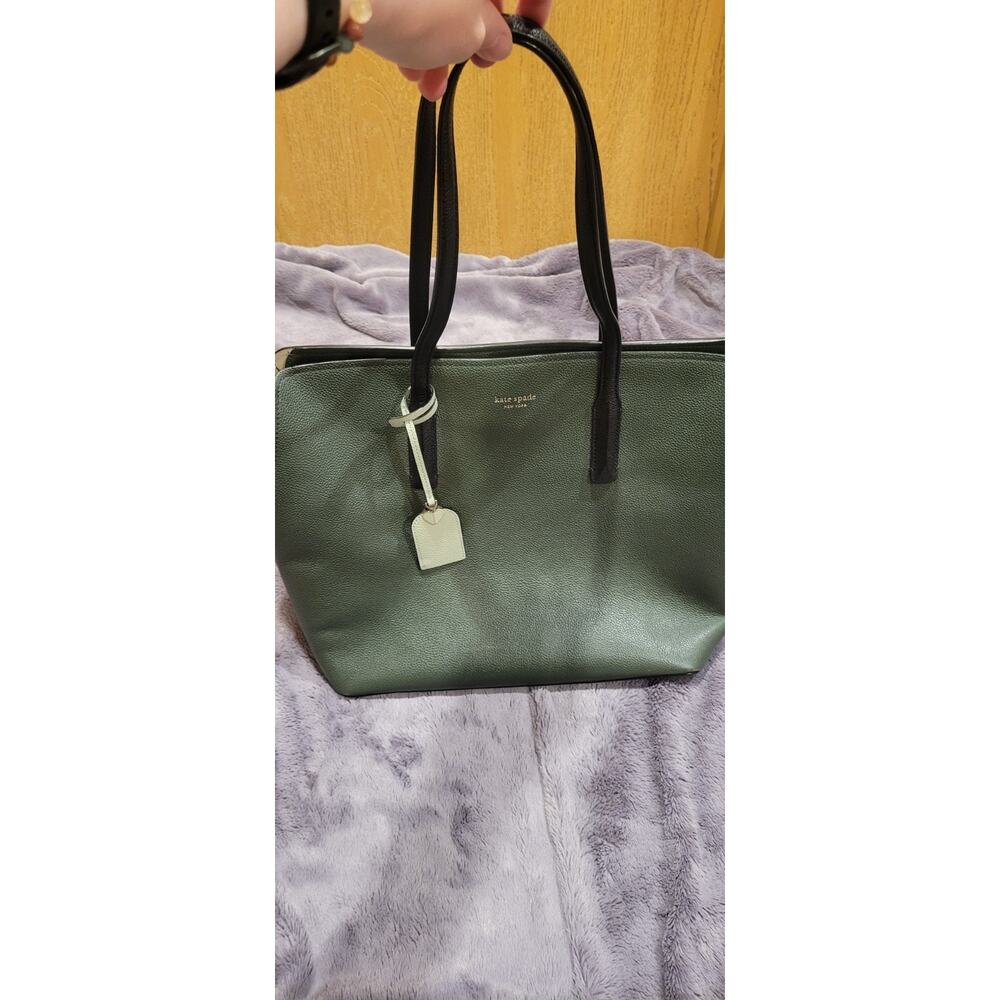 Kate Spade New York Pebbled Leather Tote Bag Green Shoulder Bag Large Designer